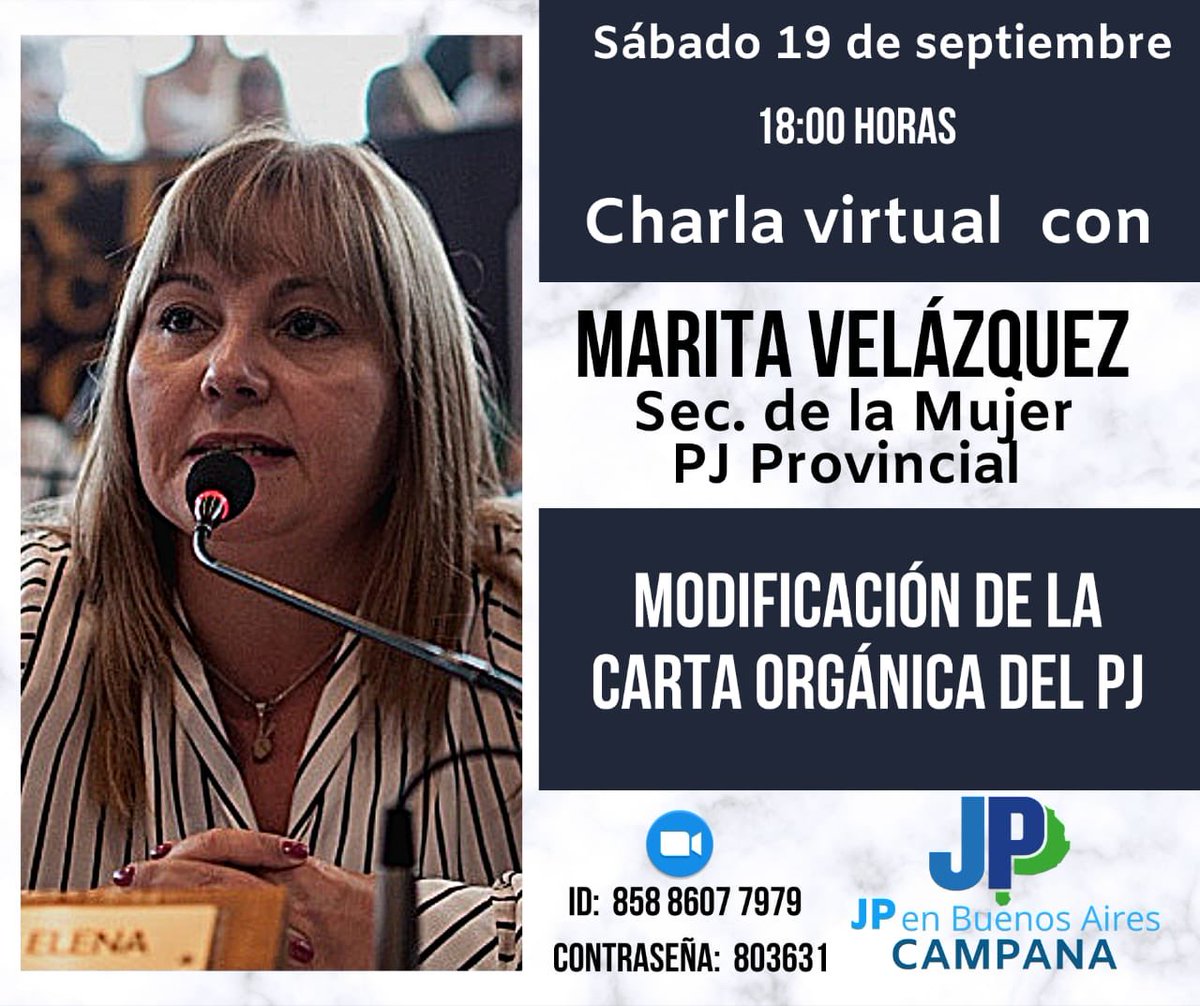 JPenBuenosAires's tweet photo. Anoten, compañerxs 👇

Sábado 19/9 - 18hs: @JPenCampana te invita a conversar con @MaritaVelazque2 , referente de Secretaría de la Mujer del PJ de Buenos Aires. 

Lunes 21/9 - 19hs:
@jpncanuelas se encuentra con Juan Martin Guevara De La Serna, hermano del Che.

¡Te esperamos! https://t.co/mGeLtMdSyj