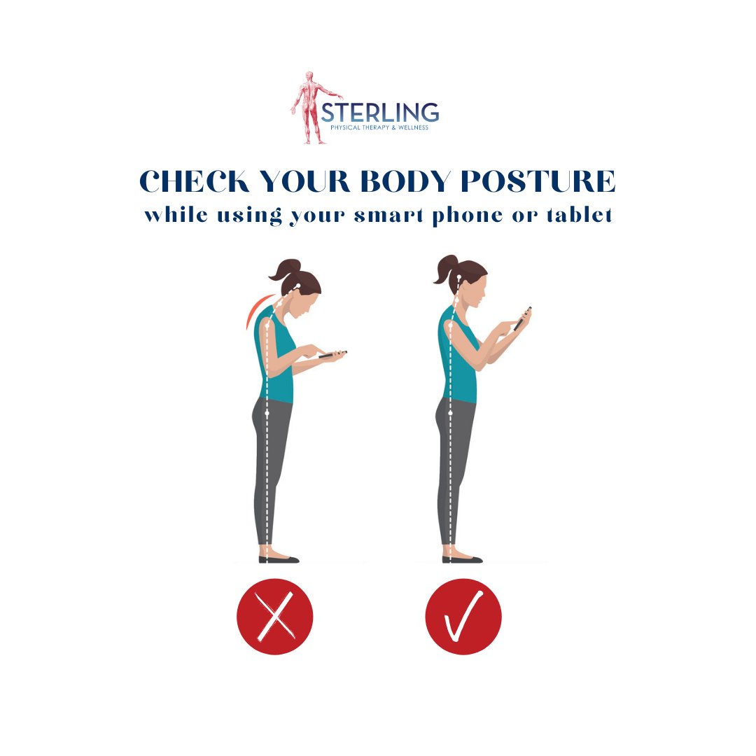 SterlingTherapy's tweet image. ✔ Check your #posture when standing and looking at your #device. Excessive texting or mobile device use can cause injury. #sterlingtherapy