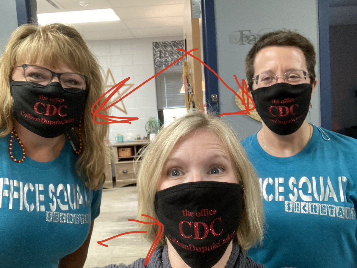 The office of “CDC” is here to help answer your questions at Peculiar Elementary. 😊 “CollisonDupuisCaskey” #dreamteam #peculiarpatriots #custommasks #officesquad