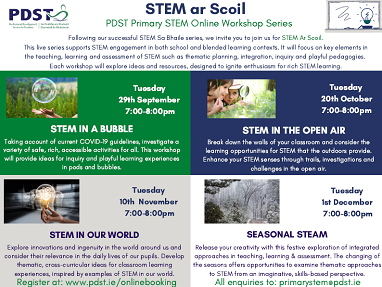 OidePrimarySTEM's tweet photo. Exciting news! Join us for 'STEM ar Scoil', a live series of online workshops to support Science, Maths &amp; STEM engagement in the primary setting. Each workshop is designed to ignite enthusiasm for rich STEM learning! Register at https://t.co/iS0F6nkvS3 #stemarscoil @PDSTie https://t.co/E68brUXMj3