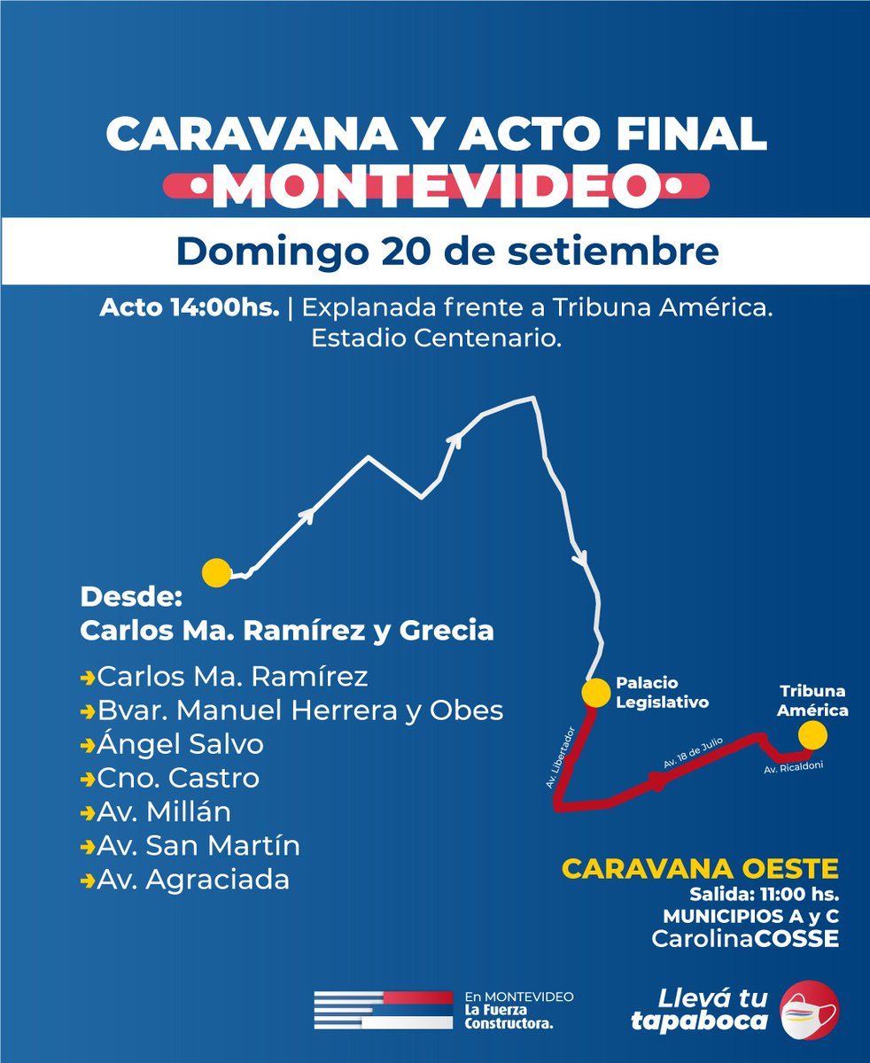 Frente_Amplio's tweet photo. El próximo domingo 20 de setiembre, sumáte al cierre de campaña en Montevideo 🔴🔵⚪

Estos son los recorridos de las caravanas 👇 https://t.co/EyU7xp69nv