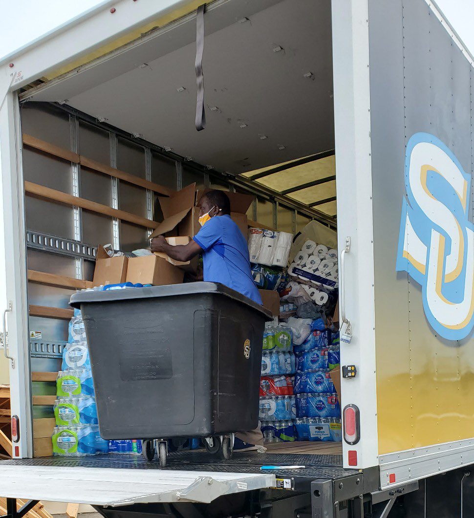 SouthernUsports's tweet photo. Our equipment truck arrived earlier today at Greater St. Mary’s church in Lake Charles, La! Thank you to the Jaguar Nation for your donations! 💙💛 #WeAreSouthern #ProwlOn https://t.co/u5LKKisaNf
