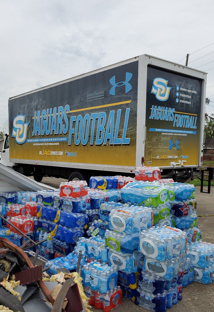 SouthernUsports's tweet photo. Our equipment truck arrived earlier today at Greater St. Mary’s church in Lake Charles, La! Thank you to the Jaguar Nation for your donations! 💙💛 #WeAreSouthern #ProwlOn https://t.co/u5LKKisaNf
