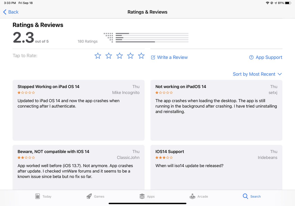 Gotta love that @vmwarehorizon ’s 8.0.1 update of the View client app to support iOS 14 actually breaks it.  I was running 8.0.0 fine this AM, connected fine. Now 8.0.1 and crashes continually.  And it isn’t just me