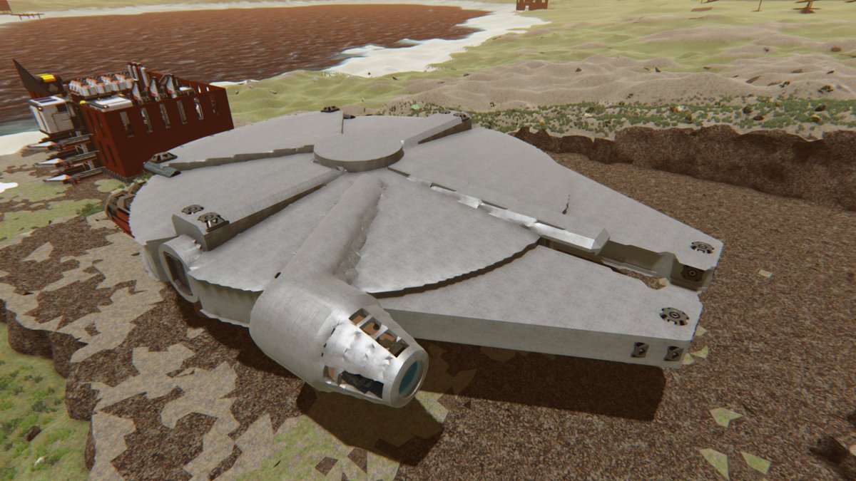 r0ughers's tweet photo. There it is, my take on the Millennium Falcon! She's flight ready, comes with a custom script ramp and a L Sized Container, ready to smuggle anything you want @dualuniverse https://t.co/zoXP3blh67