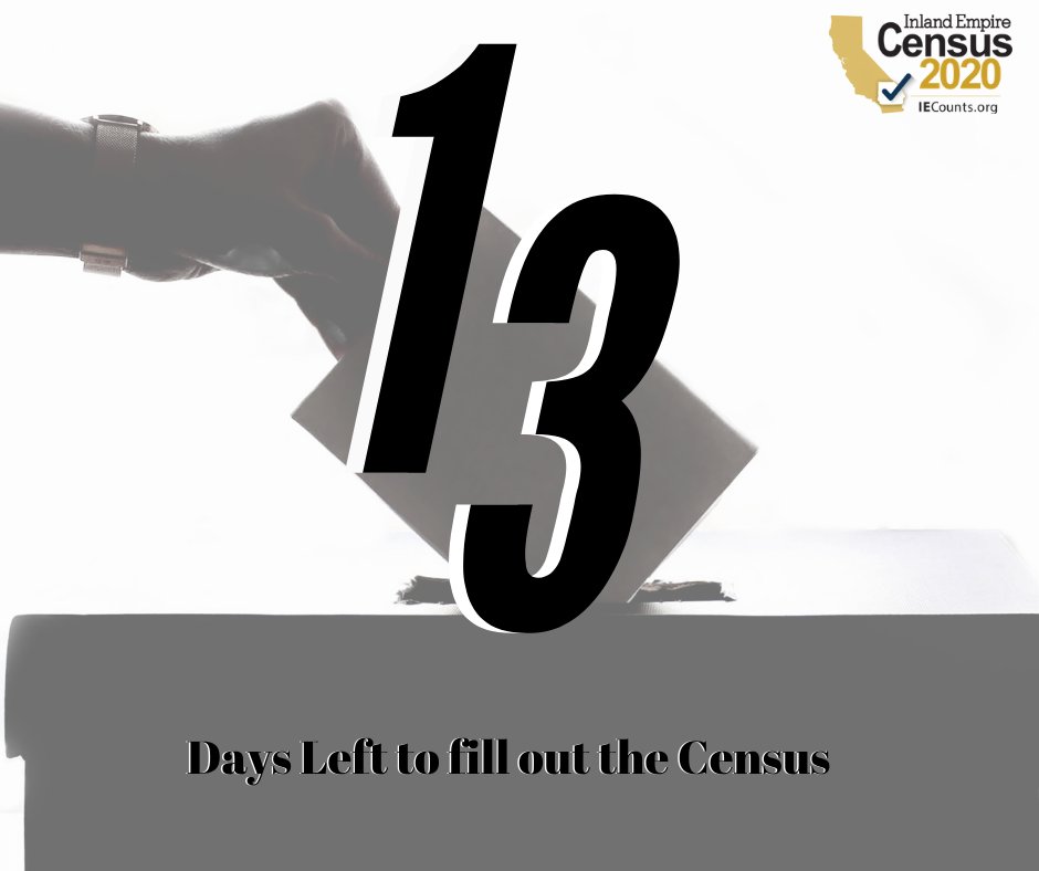 We have 13 days left to invest in our future &amp; complete the #2020Census for community funding!
Don’t delay! Fill out your form today at my2020census.gov, by calling 844-330-2020 or by mail. #IECounts #2020Census #Census #HasmeContar #CountMeIn