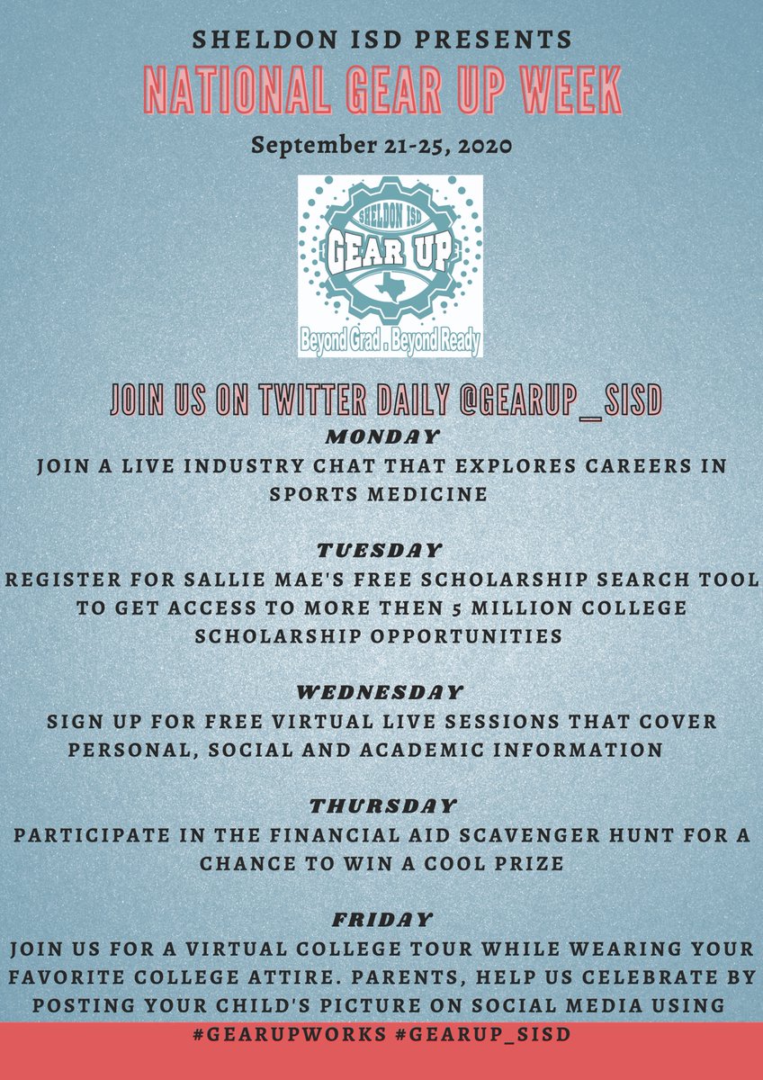 SheldonISD's tweet image. September 21-25 is National Gear Up Week. See how @GEARUP_SISD is taking this opportunity to prepare for graduation and beyond.