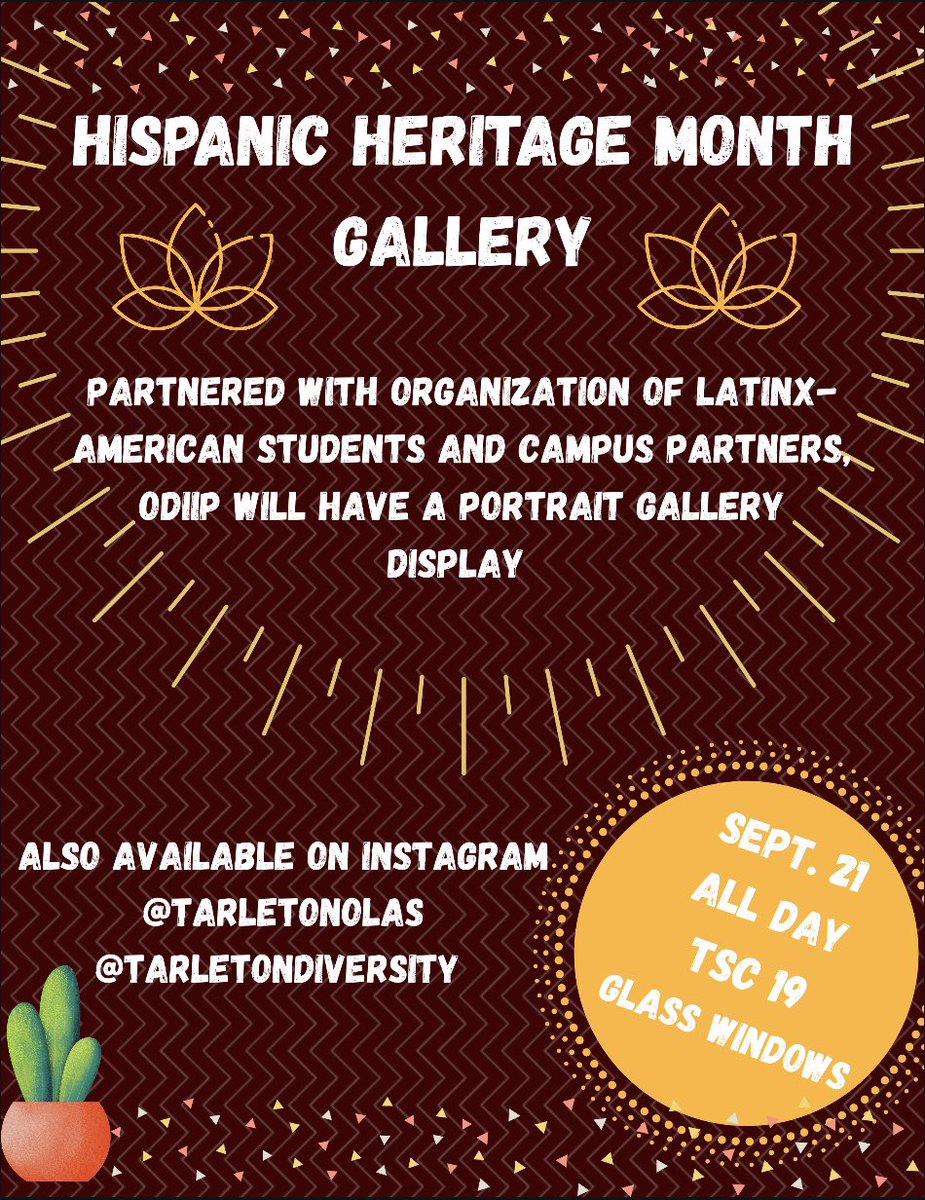 Partnered with Latinx students and campus partners, ODIIP will have a portrait gallery display for Hispanic Heritage Month. Come check it out! #HispanicHeritageMonth #TarletonState #proud