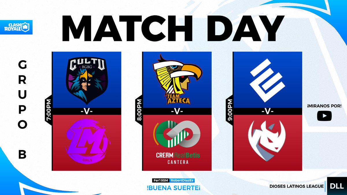 Dioses Latinos League (@dll_cr) on Twitter photo #CR|Match Day
Arrancamos el segundo dรญa de la jornada 3 con estos partidos muy interesantes del grupo B โ๏ธ
Partido 1
<a href="/CultuBGBG/">CULTUBGBG</a> ๐ @LMortemGirls
๐19:00๐ฒ๐ฝ
Partido 2
@TeamAzteca2 ๐ <a href="/CRBetisCantera/">Herbalife Real Betis Cantera</a>
๐20:00๐ฒ๐ฝ
Partido 3
<a href="/EmpireCrownEc/">Empire Crown</a> ๐ @E_Hunters_GG
๐21:00๐ฒ๐ฝ #CR|Match Day
Arrancamos el segundo dรญa de la jornada 3 con estos partidos muy interesantes del grupo B โ๏ธ
Partido 1
<a href="/CultuBGBG/">CULTUBGBG</a> ๐ @LMortemGirls
๐19:00๐ฒ๐ฝ
Partido 2
@TeamAzteca2 ๐ <a href="/CRBetisCantera/">Herbalife Real Betis Cantera</a>
๐20:00๐ฒ๐ฝ
Partido 3
<a href="/EmpireCrownEc/">Empire Crown</a> ๐ @E_Hunters_GG
๐21:00๐ฒ๐ฝ