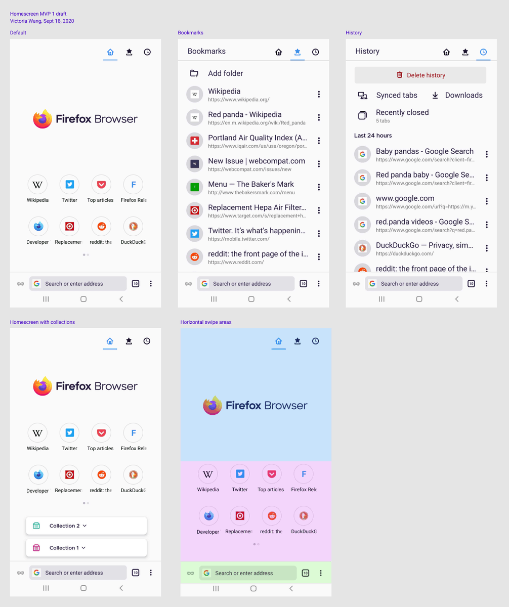 Firefox_Android's tweet image. 📯 Feedback wanted: New Firefox for Android home screen designs!
This design gives you easy access to Bookmarks and History, and moves the top sites to within thumb's reach. (See github.com/mozilla-mobile… for more info)
—@violasong