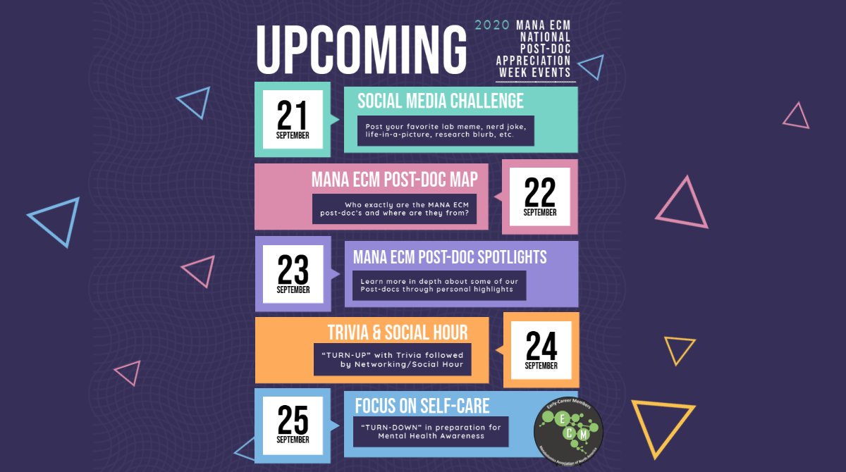 manaecm's tweet image. #MANAecm has some great events planned next week (Sept. 21-25th) for National Post-doc Appreciation Week #NPAW2020. Make sure to keep up-to-date with what events are going on via our Twitter handle &amp;amp; email blasts! Follow along &amp;amp; get involved by using #manaNPAW #manaLUVSpostdocs