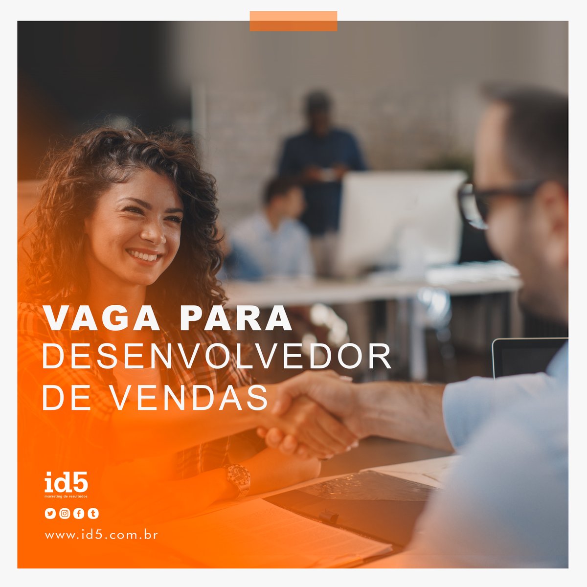 id5web's tweet image. Nós estamos em busca de um DESENVOLVEDOR DE VENDAS.
Mande seu currículo para trabalhe@id5.com.br ou cadastre em id5.com.br/trabalhe/ e conheça mais sobre os benefícios da vaga.