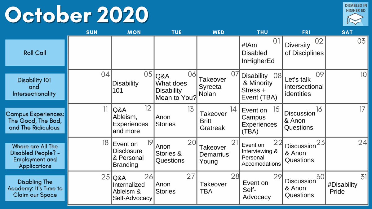 Full Disabled Empowerment in Higher Education Month schedule as a calendar. For the full-text description please see linked google doc in the tweet. 