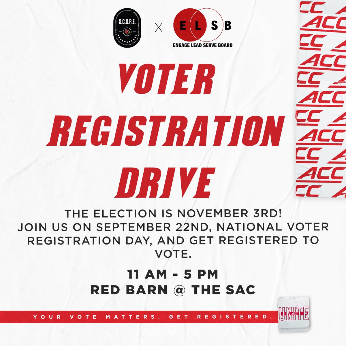 SCORE_UofL's tweet photo. Election day is November 3rd, join us and @uoflelsb outside of the Red Barn on National Voter Registration Day, Tuesday, September 22nd from 11am to 5pm and get registered to vote! You’ll receive Card Cup points and a #MYVOTEMATTERS adidas wristband! https://t.co/2tsBMWxWeu