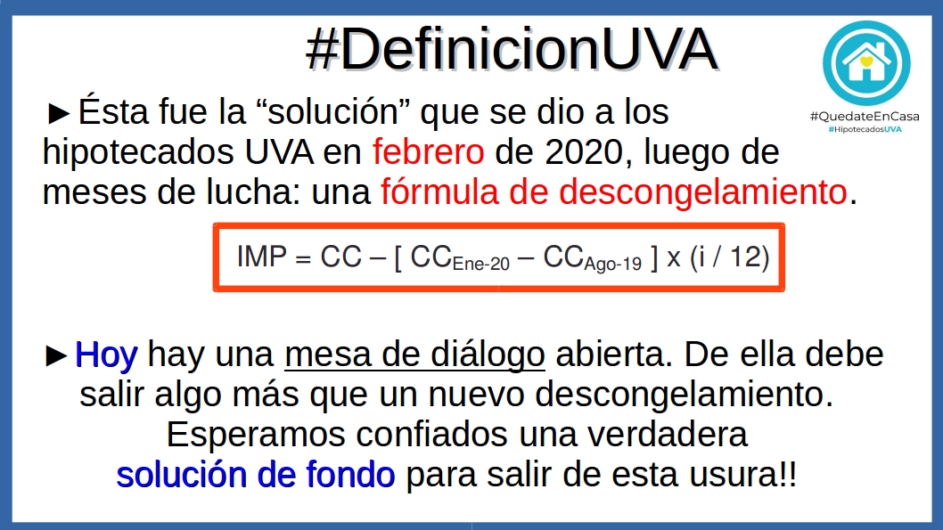 .<a href="/MariaEBielsaOk/">María Eugenia Bielsa</a> No se pueden extender las medidas de alivio para siempre. Los #HipotecadosUVA esperamos una #DefinicionUVA. Pero no como en febrero: ahí los bancos impusieron el descongelamiento y eso fue todo. Pedimos una solución de fondo! Deuda sostenible y cuotas previsibles