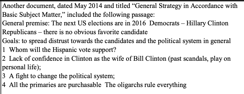 Vol. 1 Page 21: Barr covers up 2014 strategy document from Russian intelligence detailing very specific goals for 2016 propaganda operations on social media.