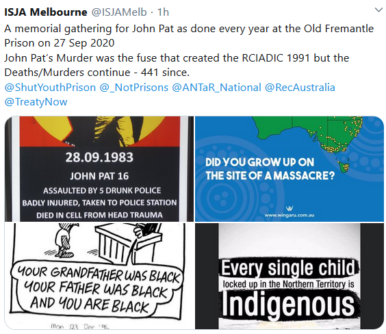 WgarNews's tweet photo. @lynlinking @xskinn @MeganKrakouer @01000011CS @Surfiniae @ausdisltd @rangihirini @RobRobbEdwards @WhteRbbnAdvocat @BakchosGlass @LennaLeprena @FatherBob @Loud_Lass @JonesHowdareyou @JennyPineapple2 @MicheleScheffl1 @CartwheelPrint @RachelQuayle08 @CapesJoy @JacyntaKrakouer @GerryGeorgatos #HesNeverComingBack #StopAboriginalDeathsInCustody | #ISJAMelb @ISJAMelb #MemorialGathering for #JohnPat #27Sep2020 #RCiADiC | #NATSILS https://t.co/W4UCtaCheAยท| #ElainePearson "#AboriginalPpl HaveBeen #DyingInCustody for2Long" #CurtinUniAcademic #HMcGlade #BlackLivesMatterRally https://t.co/161wkJNzmQ