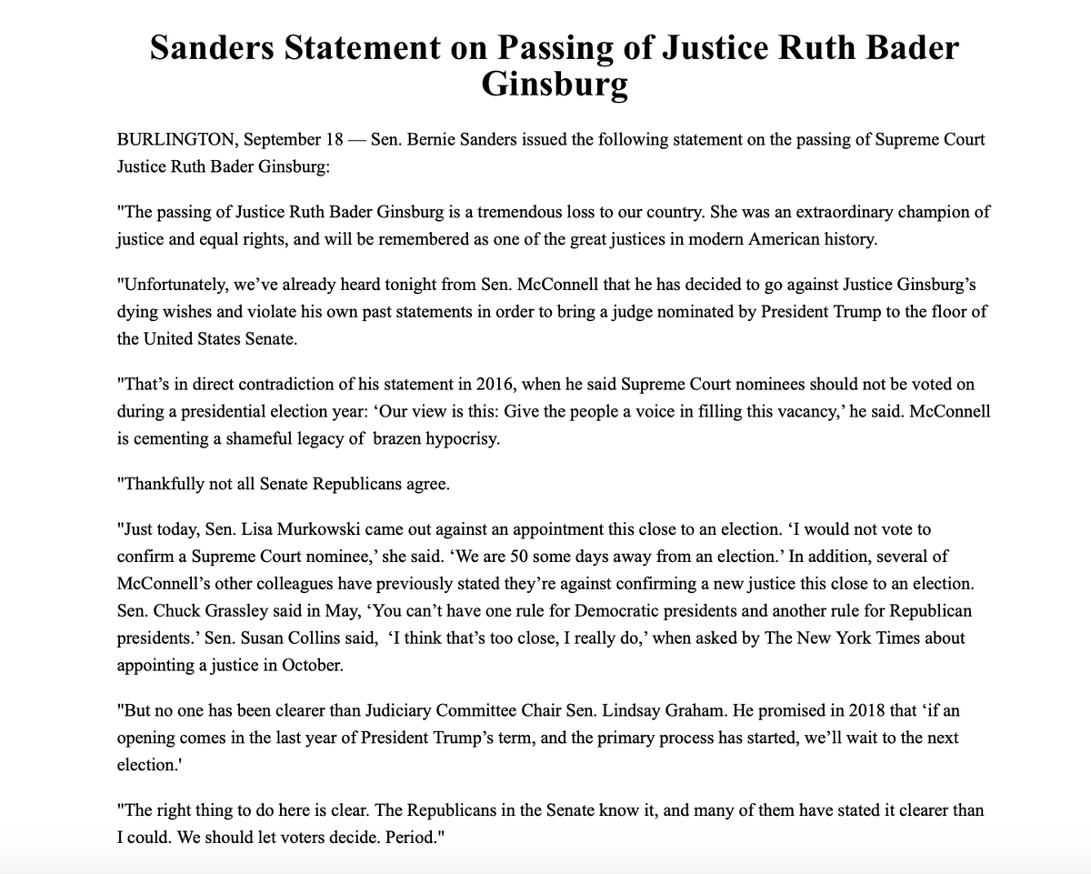 SenSanders's tweet image. Unfortunately, Sen. McConnell has decided to go against Justice Ginsburg's dying wishes and is cementing a shameful legacy of brazen hypocrisy.

The right thing to do here is clear, and Senate Republicans know it. We should let voters decide. Period.