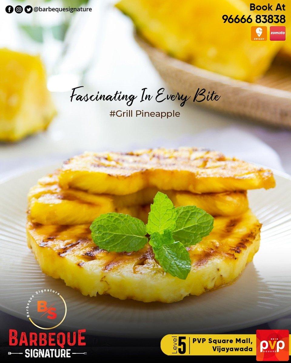 BarbequeSignat1's tweet photo. Fascinating In Every Bite Grill Pineapple
๐ Book At: 96666 83838
#barbequesignature #bbq #vijayawada #Bookfood #booknow #safetycabins #safetyfirst #PVPSquareMall #pvp #lovefood #GrillPineapple https://t.co/Rp6D21aDoc