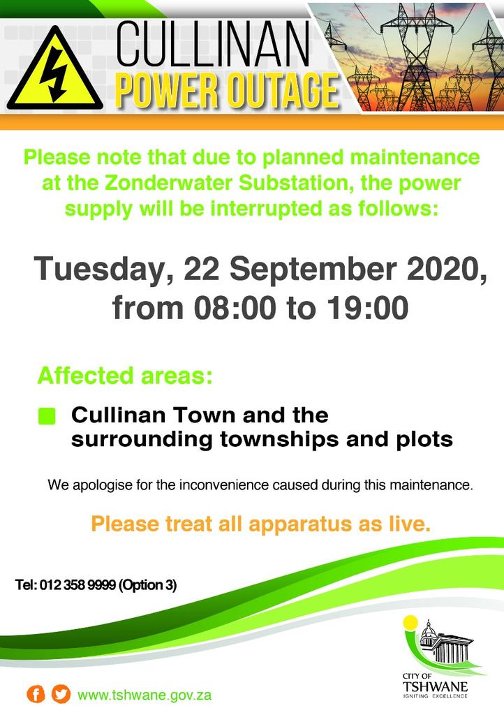 City Of Tshwane On Twitter Reminder Cullinan Power Outage