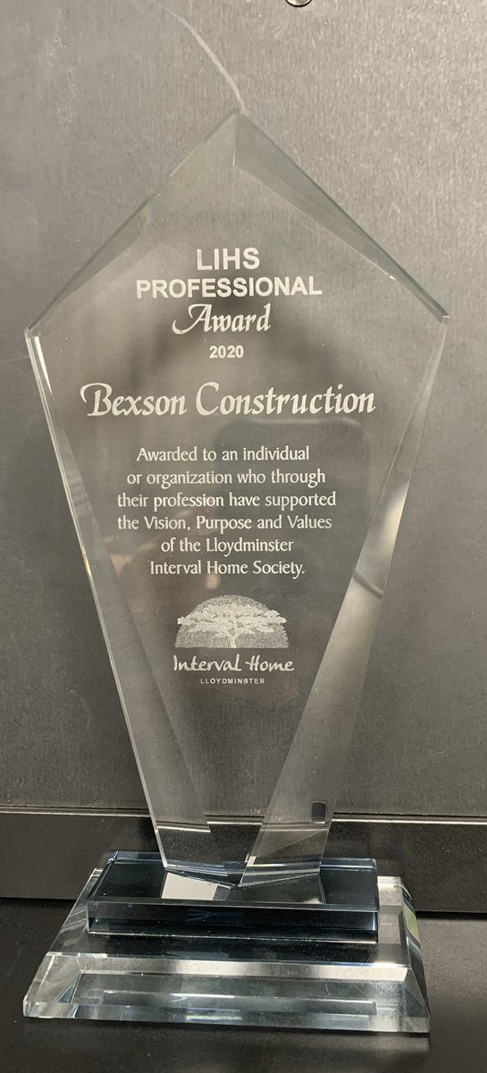 BexsonConstruct's tweet photo. Bexson Construction just received the Professional Award. It is presented to an individual or organization that through their profession have supported the Vision, Purpose and Values of all the LIHS. #lloydminsterintervalhomesociety #thankyou #communitysupport #wehavethebestteam https://t.co/rKKkriZrP3