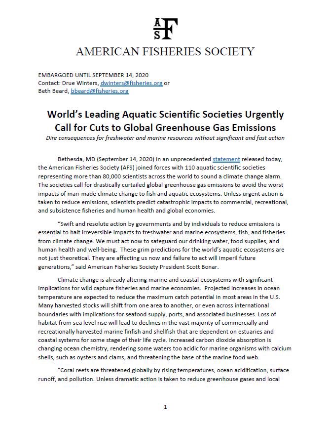 Scottabonar1's tweet photo. This week Am. Fish Soc. released a statement w/ 110 of world’s leading aquatic scientific societies urging governments and societies to curb greenhouse gas emissions now to maintain somewhat intact freshwater and marine ecosystems. #saveourfishclimatestatement. Now time to act. https://t.co/dzpyyO4gs7