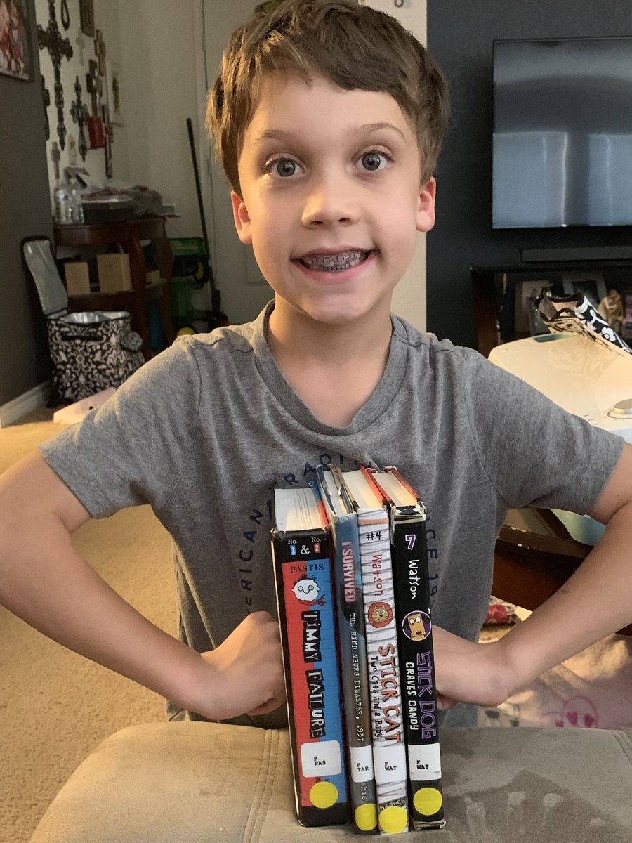 MrsMantonsClass's tweet photo. Someone loves his books that @librarian_lizzy picked out for him to read while learning from home!!  Such an avid reader!! @PetersColonyES https://t.co/69xrEIxZpr