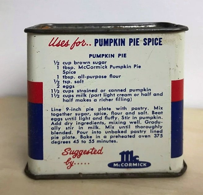 Pumpkin Pie recipe (pumpkin pie spice, McCormick / Bee Brand, between 1952-1961, probably later side)