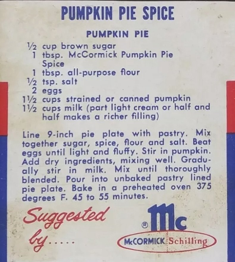 Pumpkin Pie recipe (McCormick / Schilling, ca.1960s, 33¢)