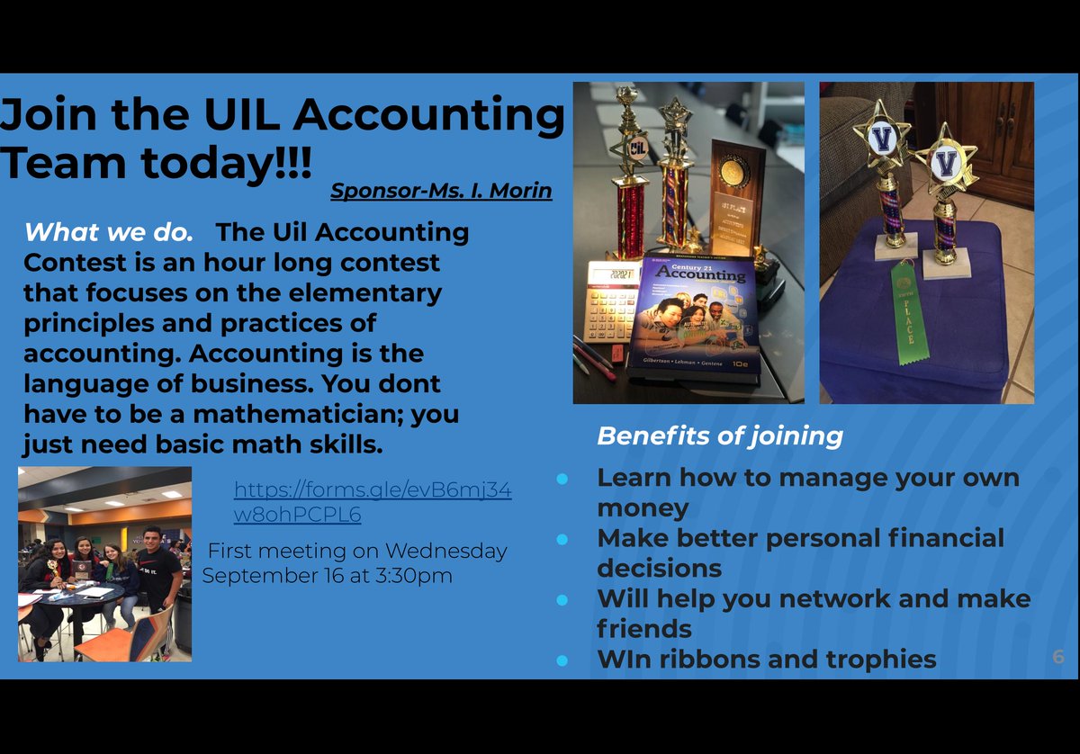 Interested in accounting &amp; competing?

Join our UIL Accounting team this school year! Check out the flyer below for more information &amp; sign-up at the link below!

Sign-Up Here: forms.gle/evB6mj34w8ohPC…