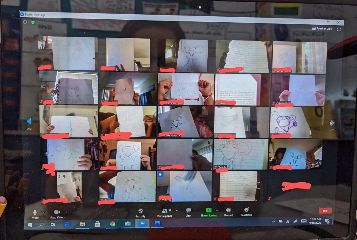 MrsPoitou's tweet photo. We had the best zoom with our big buddies!! We read Chrysanthemum and then followed a directed draw. @missemilyarra thank you for sharing those sweet 5th graders who had wonderful growth mindsets and encouraging words for me and my firsties! What a positive way to end the week! https://t.co/wDYxsABMZK