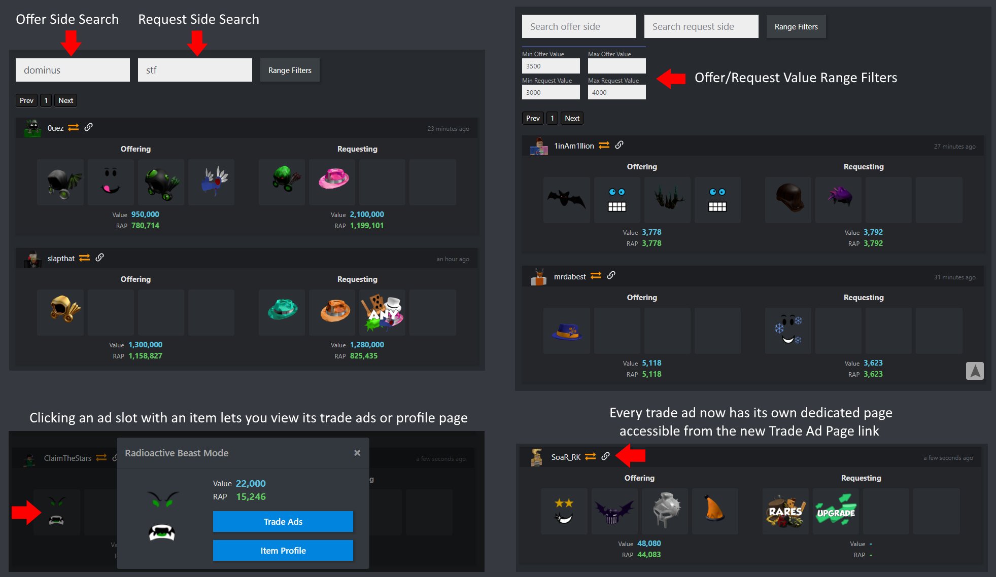 Roblox Trading News  Rolimon's on X: Our Trade Ads functionality just got  a major update! - Added search capability and value range filtering - Added  a dedicated page for every trade