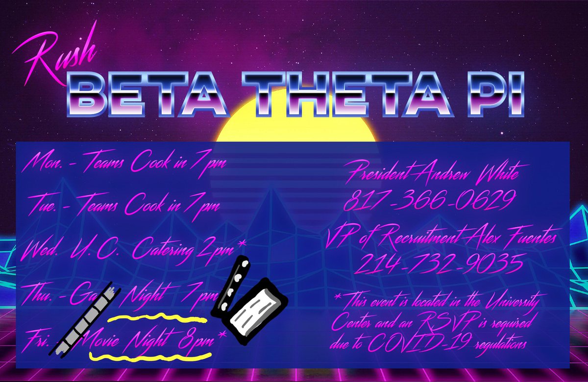 Tonight at 8 we have our final rush week event, movie night! We’ll once again be hanging out on MS Teams, talkin’, chillin’, watching some movies, so we hope y’all can join us! Teams link is below, we’ll see you there!

bit.ly/2RmJ9sq