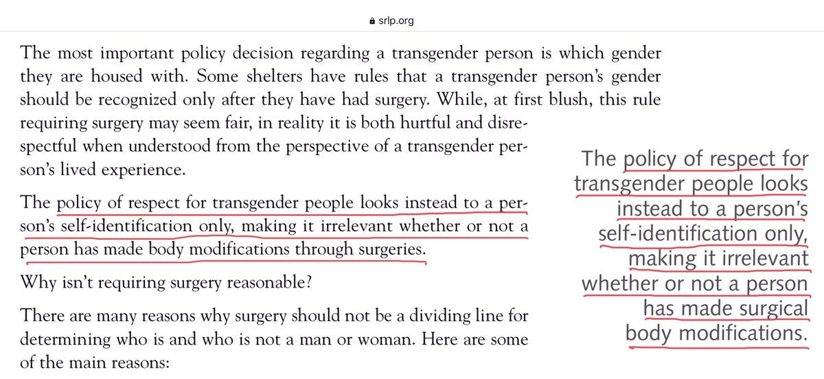 In 2003, most people still understood the term “transgender” as being synonymous with “transsexual.” The guide corrects this: “The policy of respect for transgender people looks instead to a person’s self-identification only...”