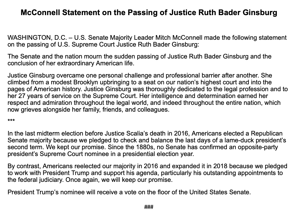 McConnell statement on the passing of Justice Ruth Bader Ginsburg
