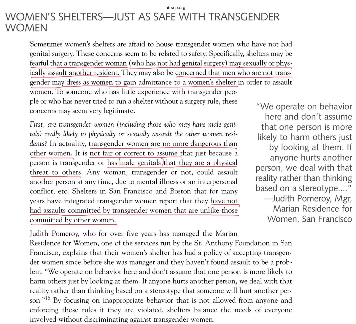 “Women’s shelters—just as safe with transgender women,” the headline insists, on page 13. “It is not fair or correct to assume that just because a person is transgender or has male genitals that they are a physical threat to others,” the report continues.