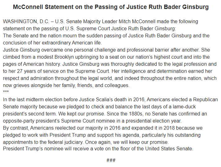 RylandKY's tweet photo. Mitch McConnell says he will allow President Donald Trump to fill the Supreme Court vacancy created by Ruth Bader Ginsburg's death tonight.

"President Trump’s nominee will receive a vote on the floor of the United States Senate. https://t.co/EjSLggUwgp