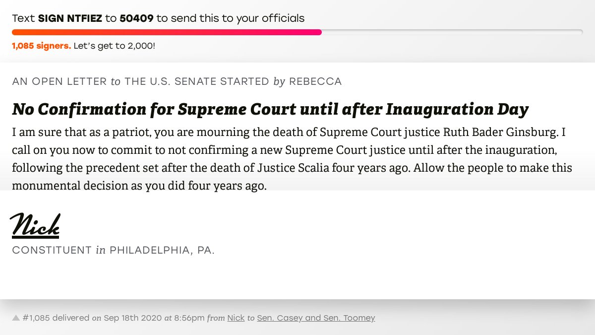 openletterbot's tweet image. 🖋 Sign “No Confirmation for Supreme Court until after Inauguration Day” and I’ll deliver a copy to your officials: 

📨 No. 1,085 is from Nick to @SenBobCasey and @SenToomey #PA05 #PApol