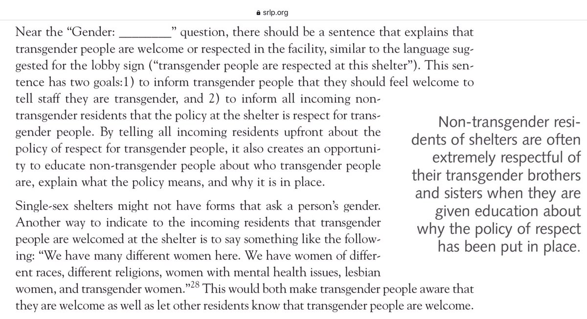 “Non-transgender residents of shelters are often extremely respectful of their transgender brothers and sisters when they are given education about why the policy of respect has been put in place.”Women: respect these men or you’re out on the street!