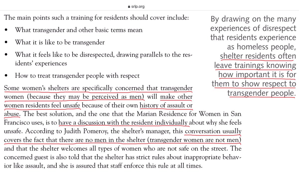 When women persist in being afraid of men in their shelters, even after they’ve been trained in how important it is to “show respect,” staff should have a discussion that “covers the fact that there are no men in the shelter (transgender women are not men,)” to fix things. P.35