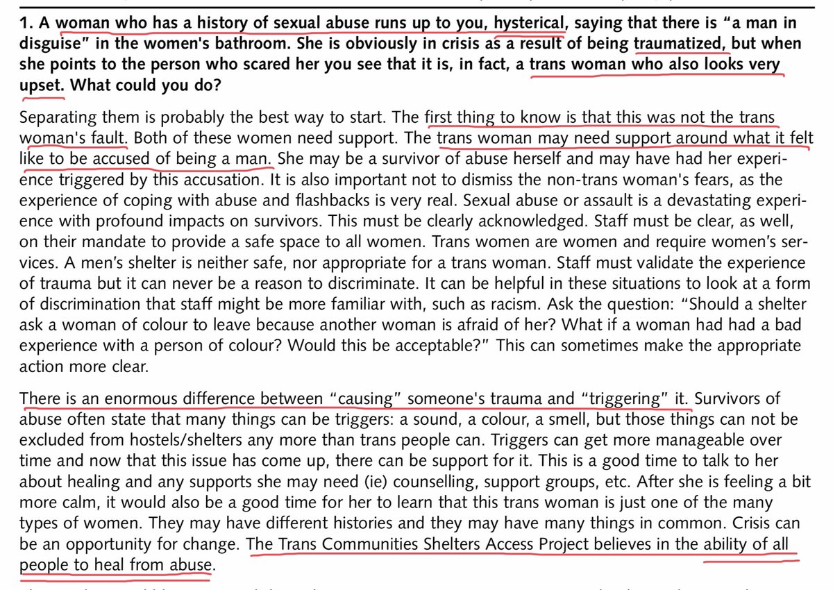 “The first thing to know is that this was not the trans woman’s fault,” the guide says. The “first thing.” Implied is that the “hysterical” woman has caused trauma, while only having her own trauma triggered. The authors “believe in the ability of all people to heal from abuse.”
