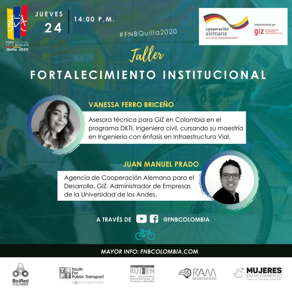 Mi gente! Taller imperdible el próximo jueves, ¡no te quedes por fuera! Dos expertos de <a href="/giz_gmbh/">GIZ</a> 🇨🇴🔍 <a href="/vaneferro20/">Vanessa</a> y <a href="/juanma_cycling/">Juan Manuel Prado</a> comparten una mirada a los proceso de planeación de los proyectos de ciudad 🗣👏🌇 #FNBQuilla2020 
¡TE ESPERAMOS!💻❗🔜 #VamosaTiraPedal