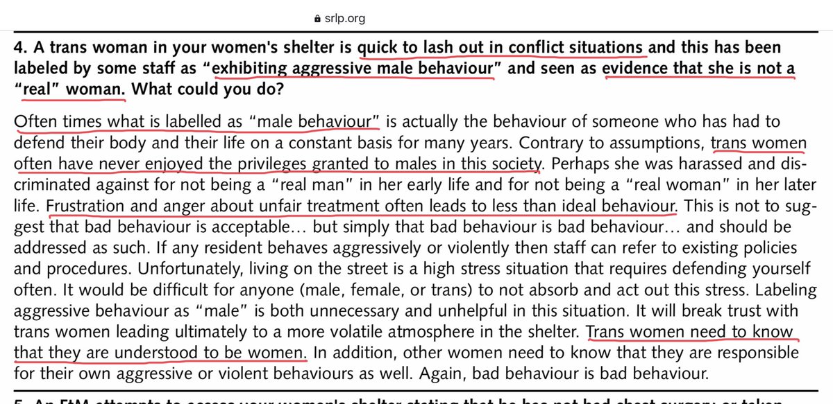 Looking again at the situation with the trans-identified male, the authors’ main concern is that staff might label this as “exhibiting aggressive male behavior.” It says, “Trans women need to know that they are understood to be women.” Even when they’re obviously scaring women.