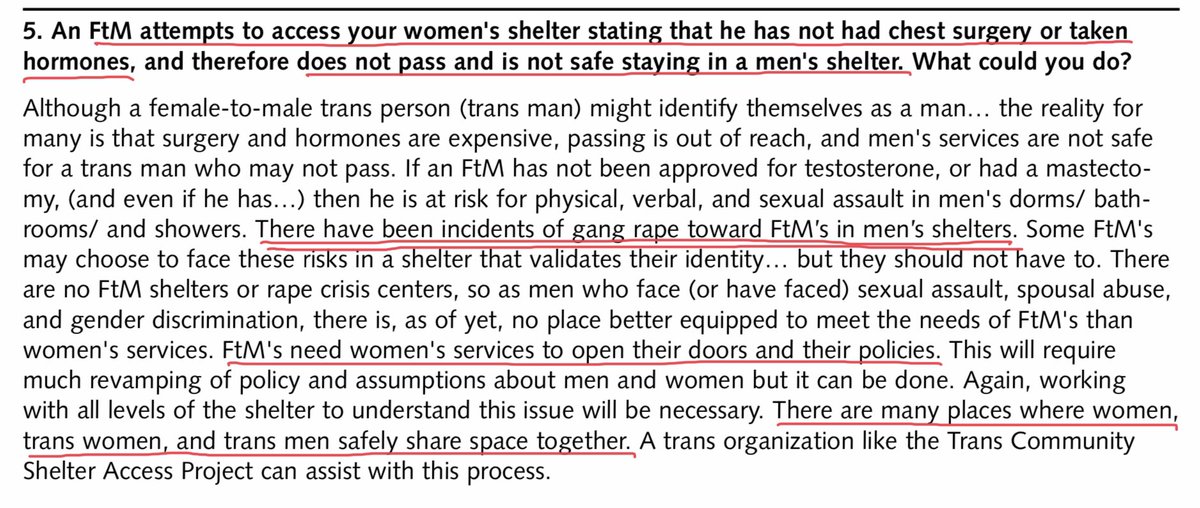 Buried in this 40+ page report, in this story about an FTM afraid to access a men’s shelter, is this: “There have been incidents of gang rape towards FtMs in men’s shelters.” And then, “There are many places where women, trans women, and trans men safely share space together.”