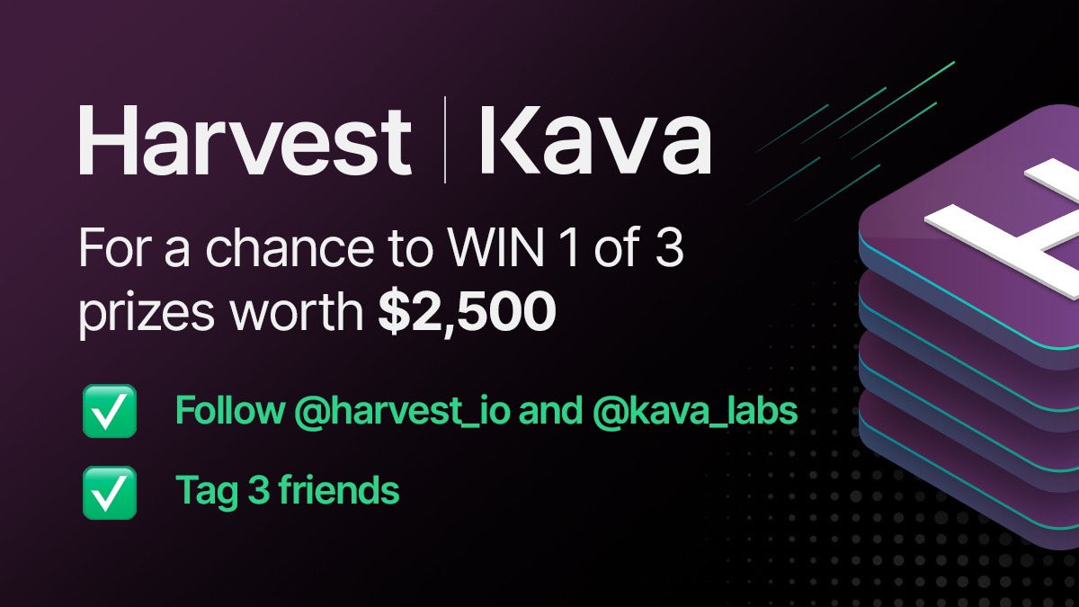Want more information on Harvest.io? Be sure to follow @harvest_io for news and updates.

For a chance to WIN 1 of 3 prizes worth $2500:

1⃣Follow @harvest_io and <a href="/kava_labs/">KavaLabs</a> 
2⃣Retweet this post
3️⃣Tag 3 friends

Join t.me/harvest_io