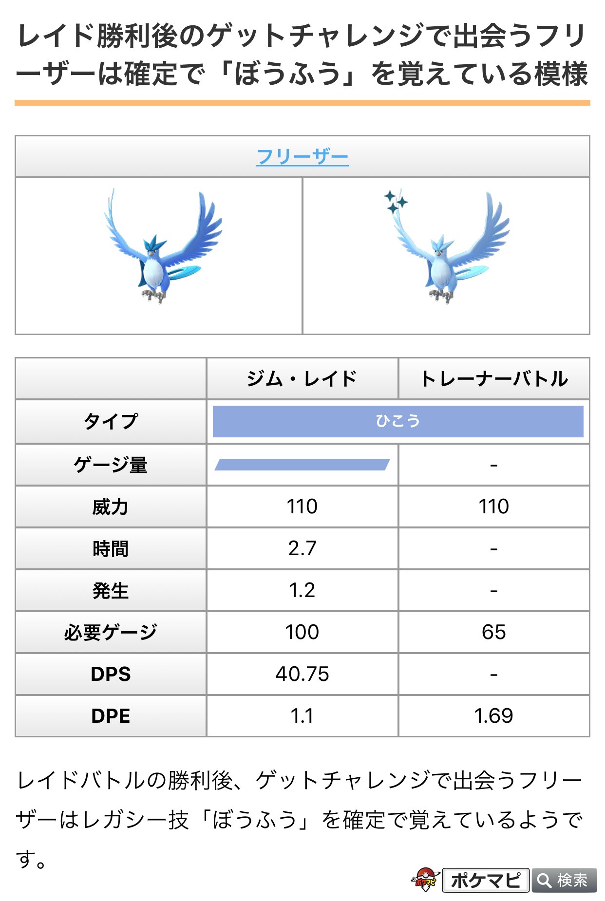ポケモンgo攻略情報 ポケマピ フリーザーとのレイドバトル勝利後のゲットチャレンジで出会うフリーザーは 確定でレガシー技 の ぼうふう を覚えているようです T Co Iq4u3m779u ポケモンgo フリーザー T Co Z6nvsltnsc Twitter