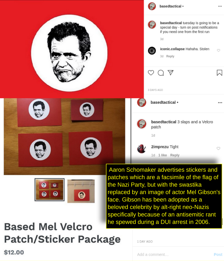 The Proud Boys hate group's use of Mel Gibson as a symbol for gleeful far-right hatred coincides with propaganda by accelerationist neo-Nazis like Aaron Schomaker and Kyle Benton  https://rosecityantifa.org/articles/aaron-schomaker-2/#antisemitism;  https://duckduckgo.com/?q=mel+gibson+site%3Arosecityantifa.org  https://twitter.com/RoseCityAntifa/status/1307126208946151424
