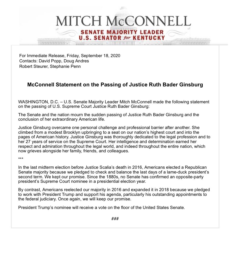 Dad56138956's tweet photo. #tweetrepeat Kentuckyians. Mitch McConnell represents himself and Donald Trump. He is not worthy of your support. This memo from him is despicable. RGB had just died. Remove this miscreant from office by voting for Amy McGrath. https://t.co/E3BxbJp0nM