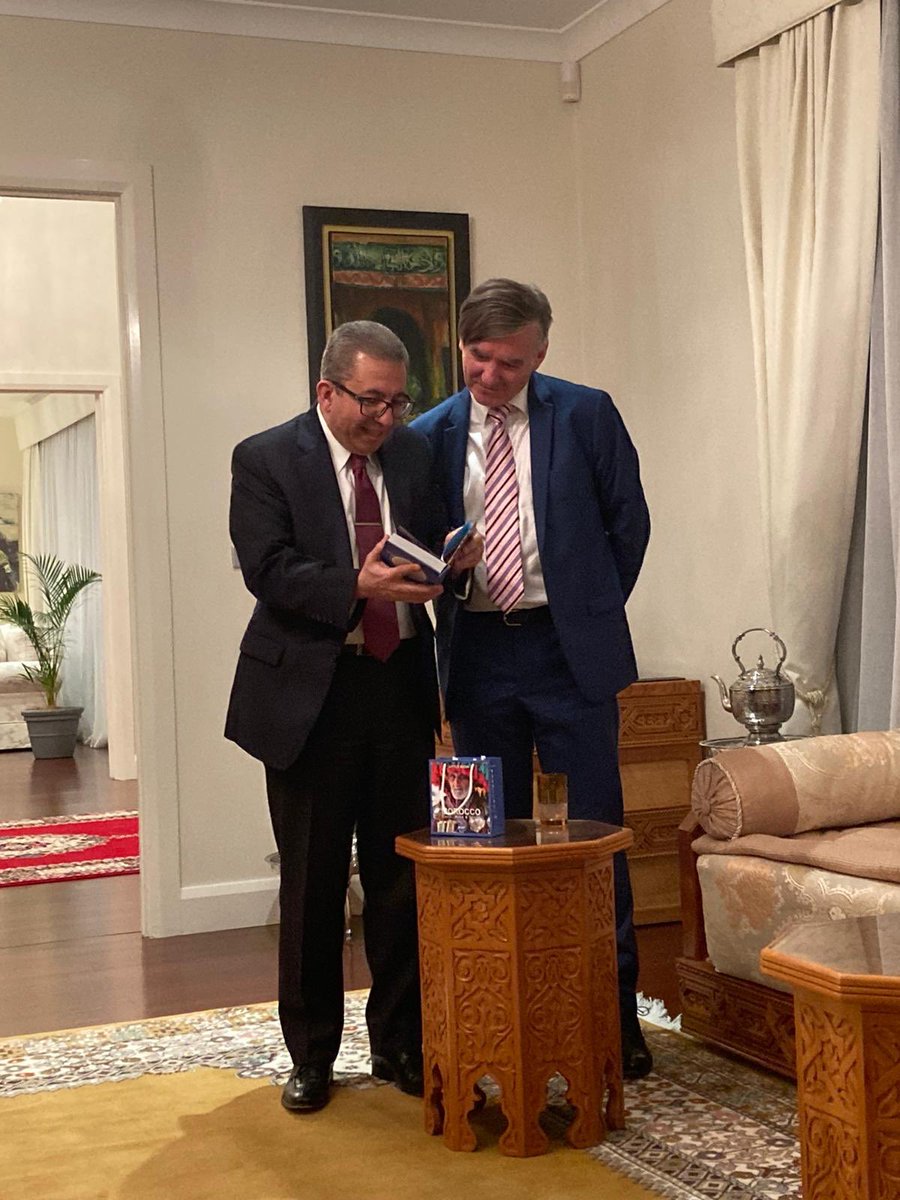 moroccoinaussie's tweet photo. Ambassador #Medrek had the pleasure of hosting a dinner in honour of H.E #Michael_Cutts, Ambassador-Designate of #Australia to #Morocco, in presence of @dfat senior officials. Discussions were focused on bilateral relations and common interest issues to #Rabat and #Canberra. https://t.co/2LFxFJi7oq