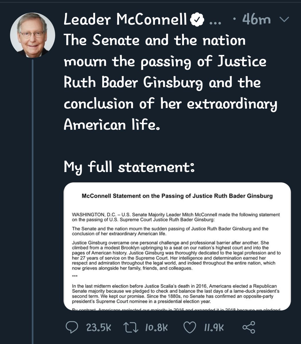 Not even 30 minutes after we were told that Ruth Bader Ginsburg passed away, the SOB McConnell is giving Trump his 3rd Supreme Court judge less than 2 months before a presidential election. HE couldn't even wait until she was buried or even mourned an hour!  #RIPRuthBaderGinsburg